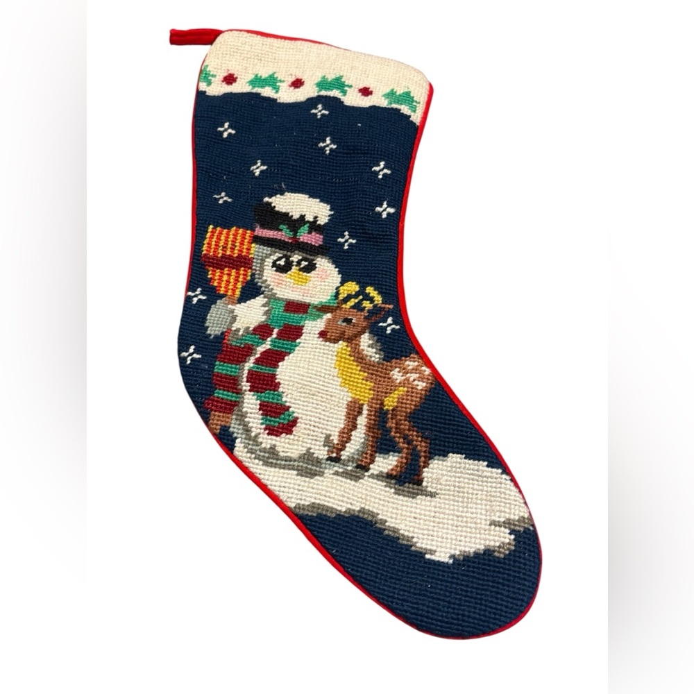 Vintage Needlepoint Christmas Stocking  Snowman & Rudolph Wool Velvet Back 15”